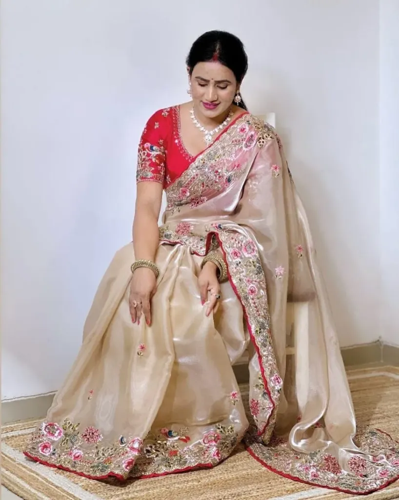 [Delivery_007] Elegant beige Embroidrred saree with disigner red blouse for wedding& festive