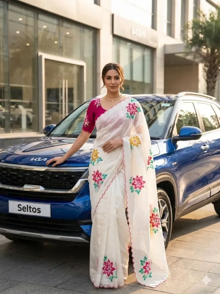 Floral Embroderied saree with contrast pink blouse for festive and wedding (silk saree)