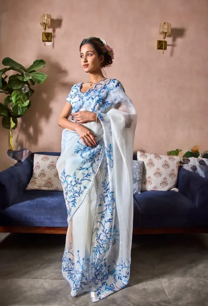 Elegant Sky Blue Organza Saree with Floral Embroidery Work